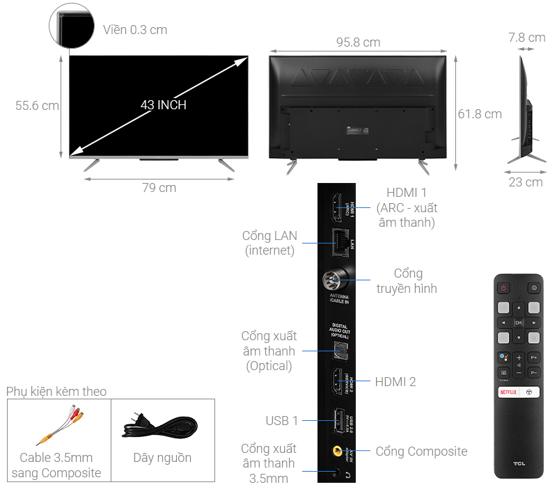Thiết kế siêu mỏng - Android Tivi TCL 4K 43 inch 43P715
