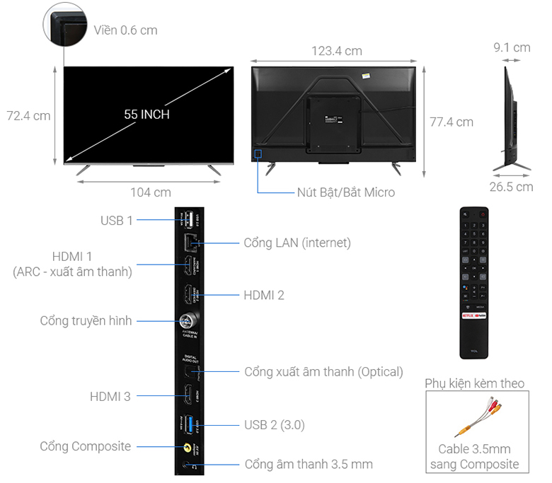 Kích thước tivi - Android Tivi TCL 4K 55 inch 55P725